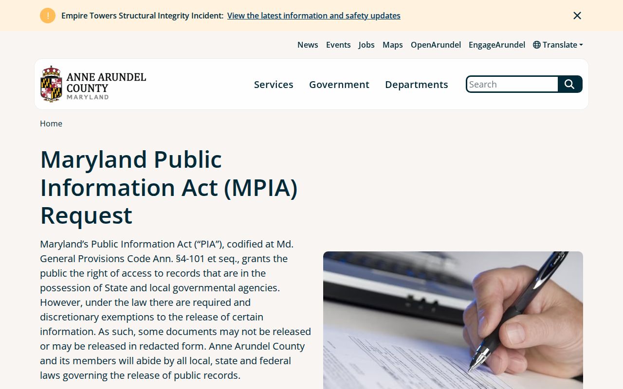 Arnold public records Anne Arundel County PIA request portal