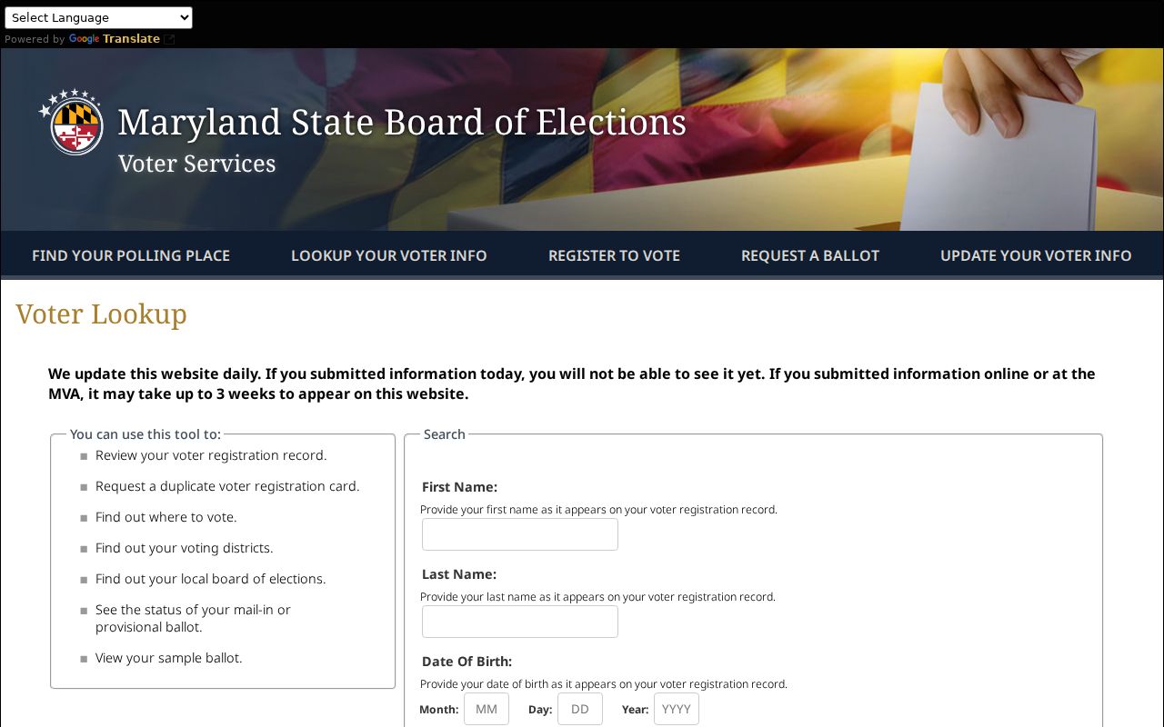 Arnold voter registration lookup fields in the Maryland voter service