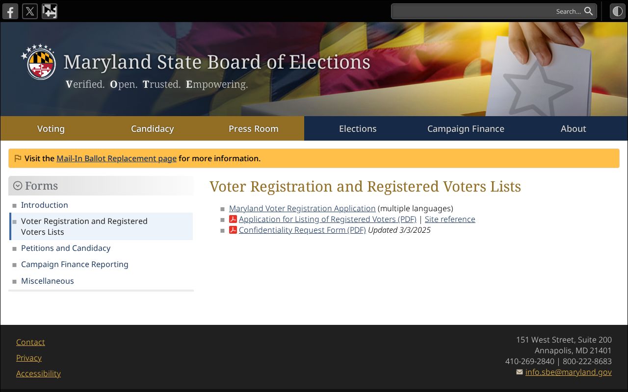 Arnold voter registration records forms on the Maryland elections site